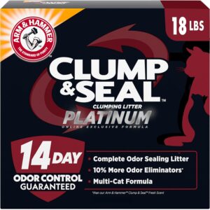 ARM & Hammer Clump & Seal Platinum Cat Litter, Multi-Cat Clumping Litter Forms Rock-Hard Clumps, Powerful Odor Eliminators with Baking Soda, 14-Day Odor Control, 18 lbs