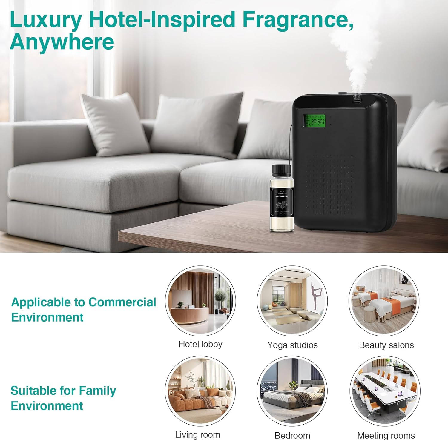 Scent Air Machine Starter Kit – Waterless Diffuser for Home & Commercial Use, Hotel Scent Diffuser Includes 100ml Essential Oil, WiFi/Bluetooth Control, 2000 sq.ft Coverage, Wall-Mount & Desktop,Black - Image 7