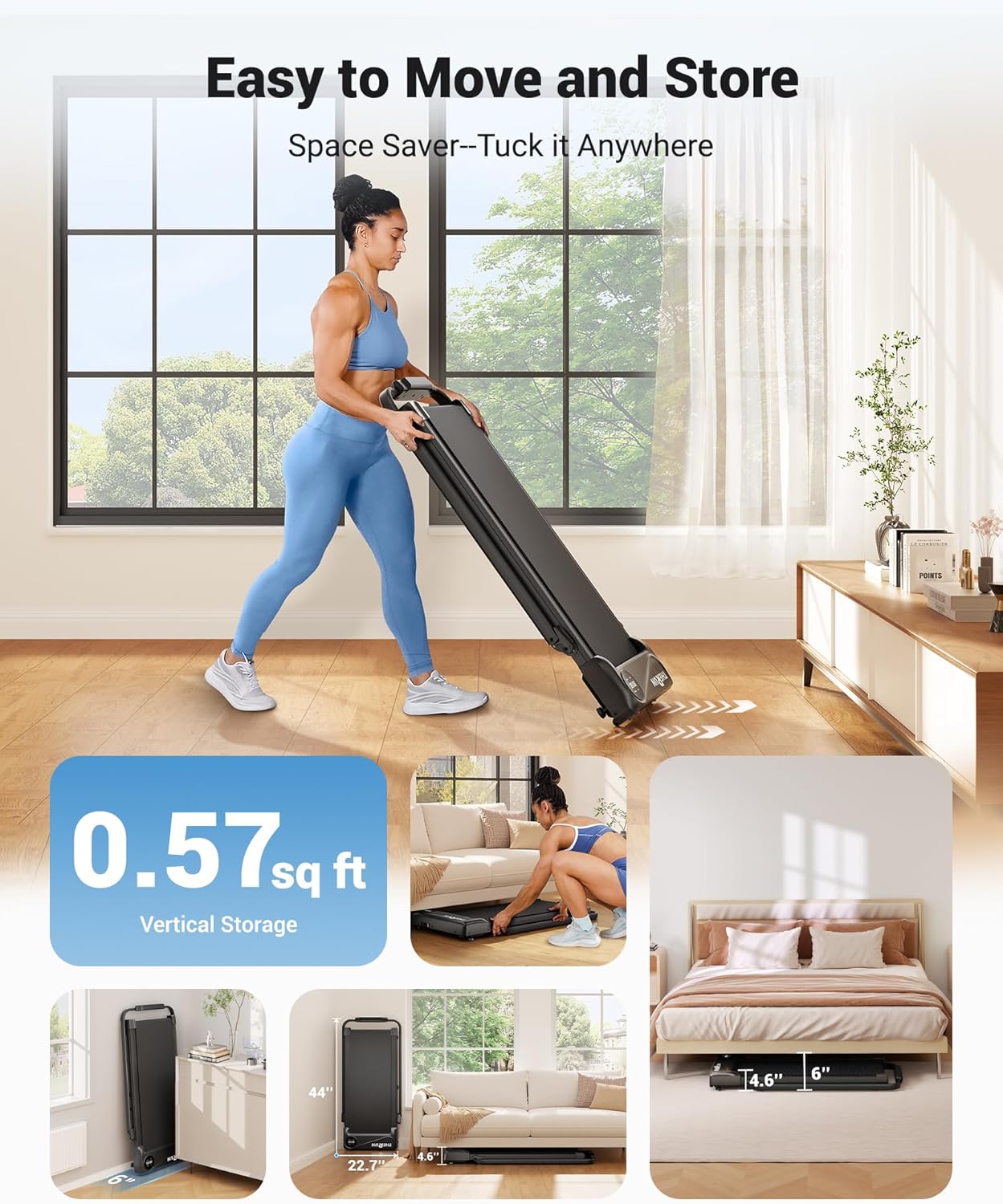 THERUN Walking Pad, 2 in 1 Foldable Treadmills for Home, 2.5HP Under Desk with Handle Bar, 16" Widened Running Belt, Treadmill with Remote Control & LED Touch Screen - Image 6