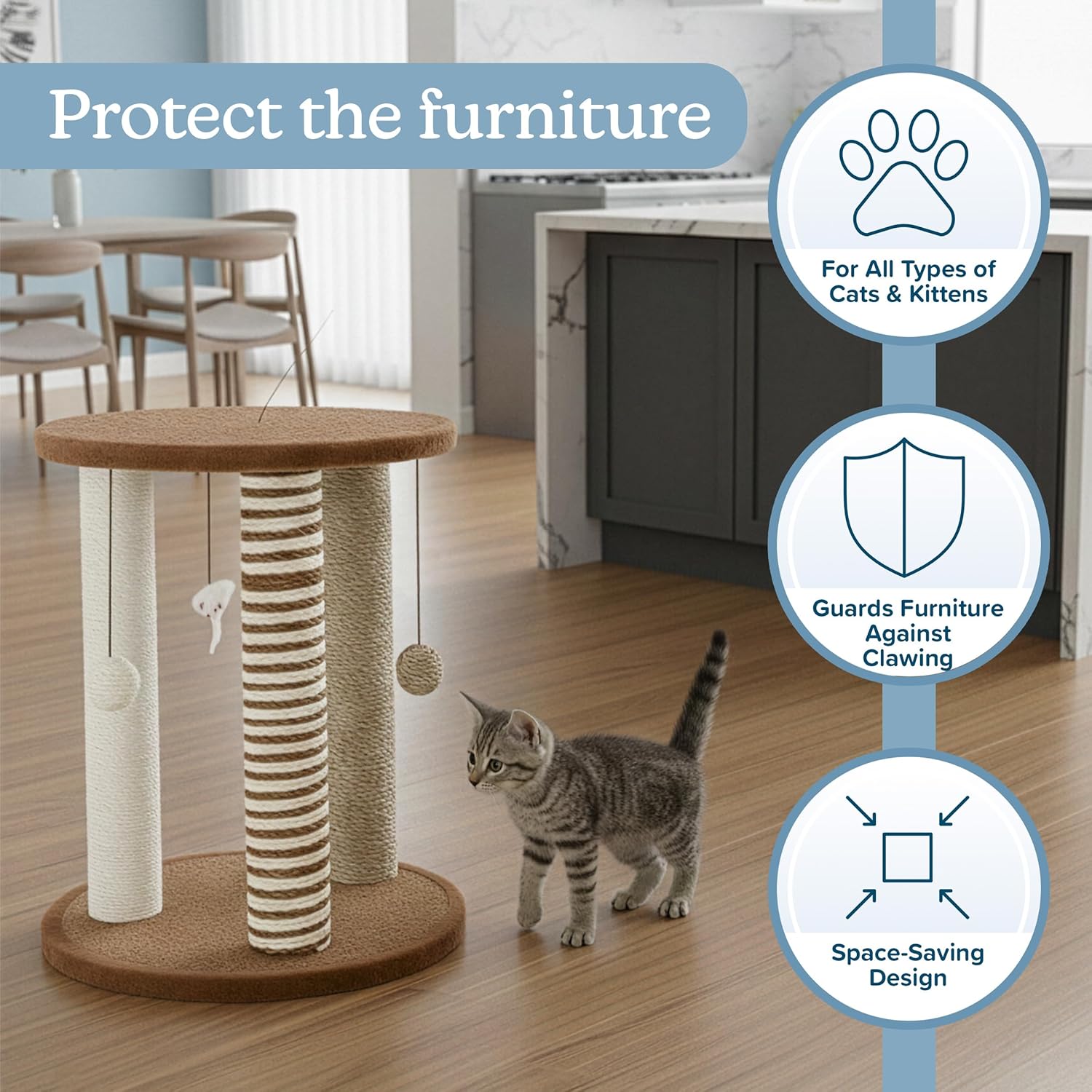 Cat Scratching Post - 3 Scratcher Posts with Carpeted Base Play Area and Perch - Furniture Scratching Deterrent for Indoor Cats by PETMAKER (Brown), Large - Image 3