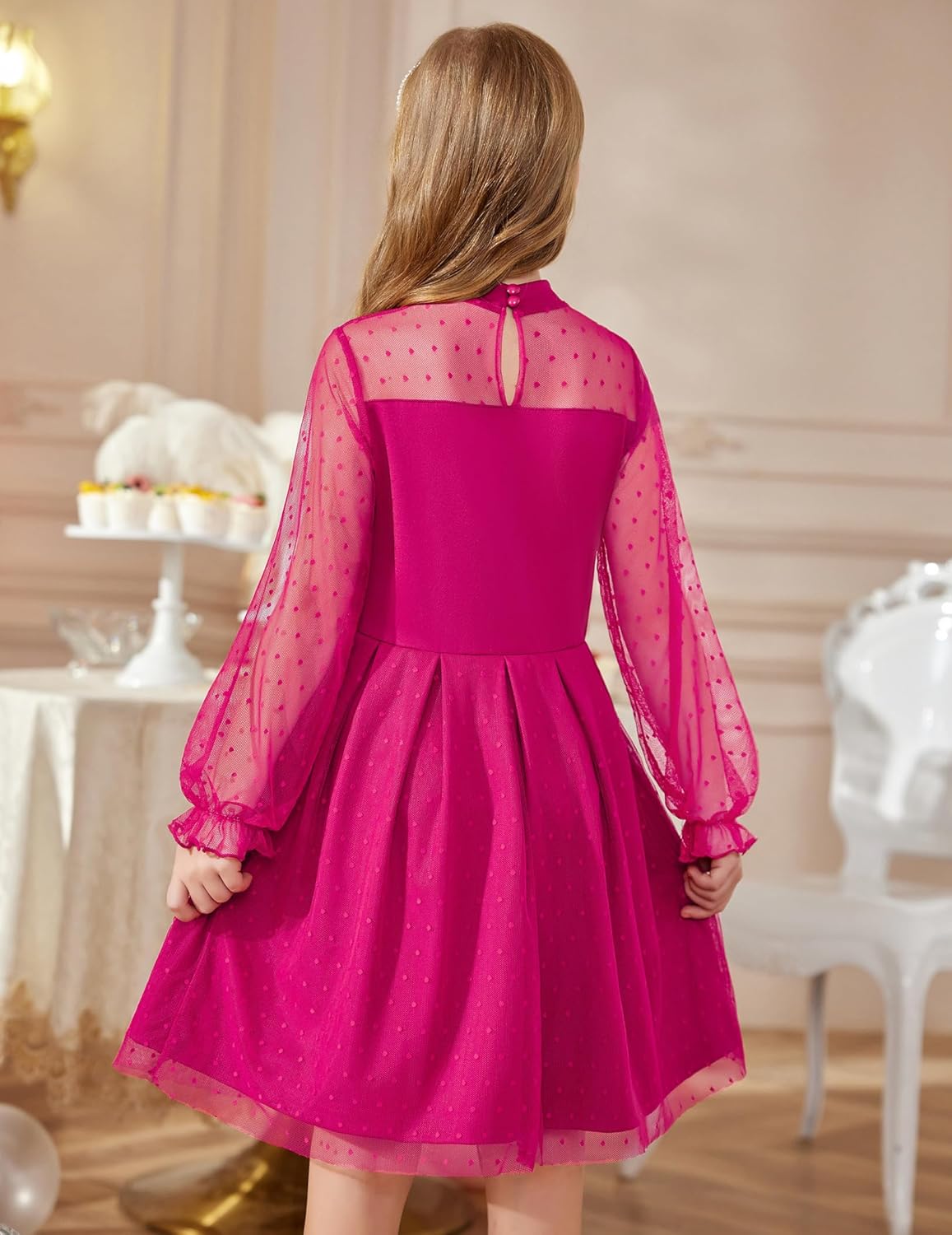 Arshiner Girls Dresses Contrast Mesh Puff Long Sleeve Mock Neck Formal Party A Line Short Tulle Dress - Image 6