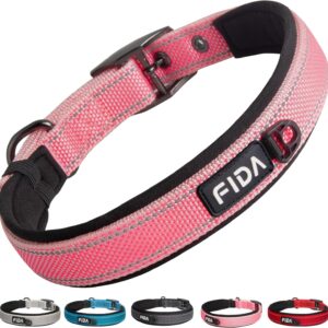 Fida Heavy Duty Dog Collar, Ultra Comfortable Soft Neoprene Padded, Adjustable Reflective Nylon Pet Collar with Durable Metal Belt Buckle for Medium Breeds (M, Pink)