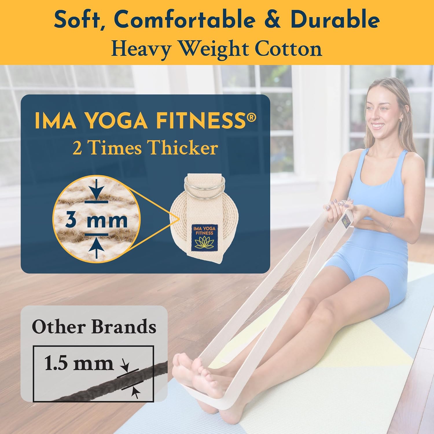 Adaptive Yoga Strap, Stretching Strap, 2 Inches Wide, 100% Naturally Soft Cotton, Steel D-Rings, Includes Natural Cotton Drawstring Storage Pouch and Instructional E-Book - Image 4
