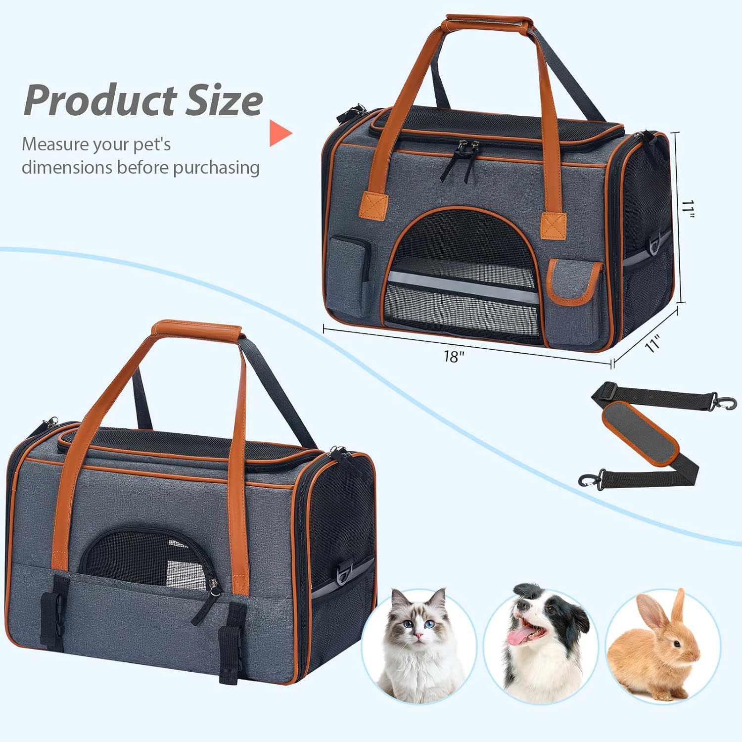 Pesen 18x11x11 Inches Cat Carrier– Fits Pets Up to 16 lbs, Anti-Collapse Design, Multiple Storage Pockets, Cat Carrier Soft Ideal for Medium Cats, Puppy, Rabbits and Other Small Animals - Image 6