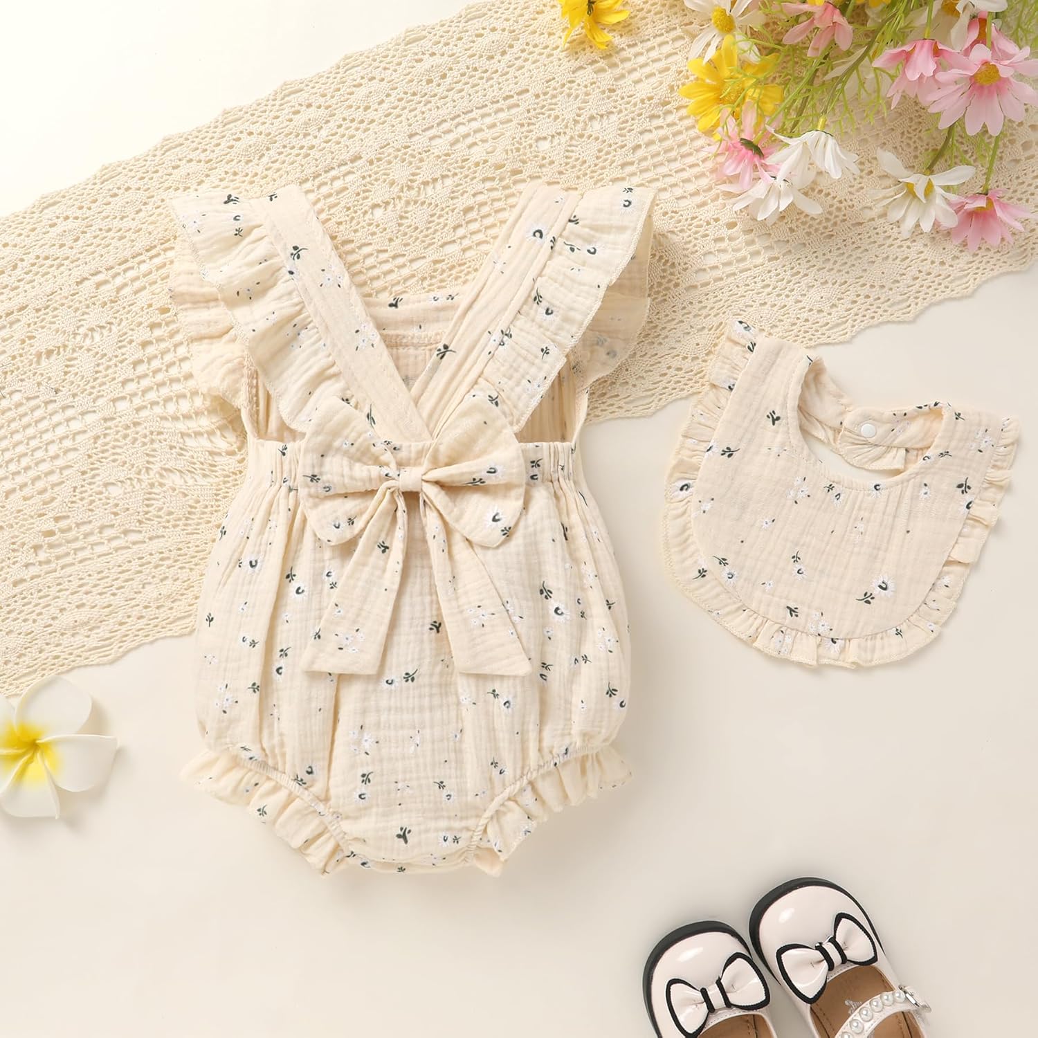 YOUNGER TREE Baby Girl Romper 100% Cotton Ruffle Sleeveless Summer Outfit with Accessory Soft Infant Clothes for Daily Wear - Image 3