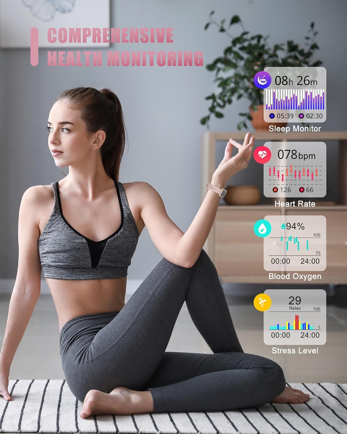 Fitness Tracker, Smart Watch for Women Men with 24/7 Heart Rate/Blood Pressure/Blood Oxygen Monitor,Sleep Tracker,Step & Calorie Counter, IP68 Waterproof Fitness Watches Compatible with Android&iPhone - Image 3