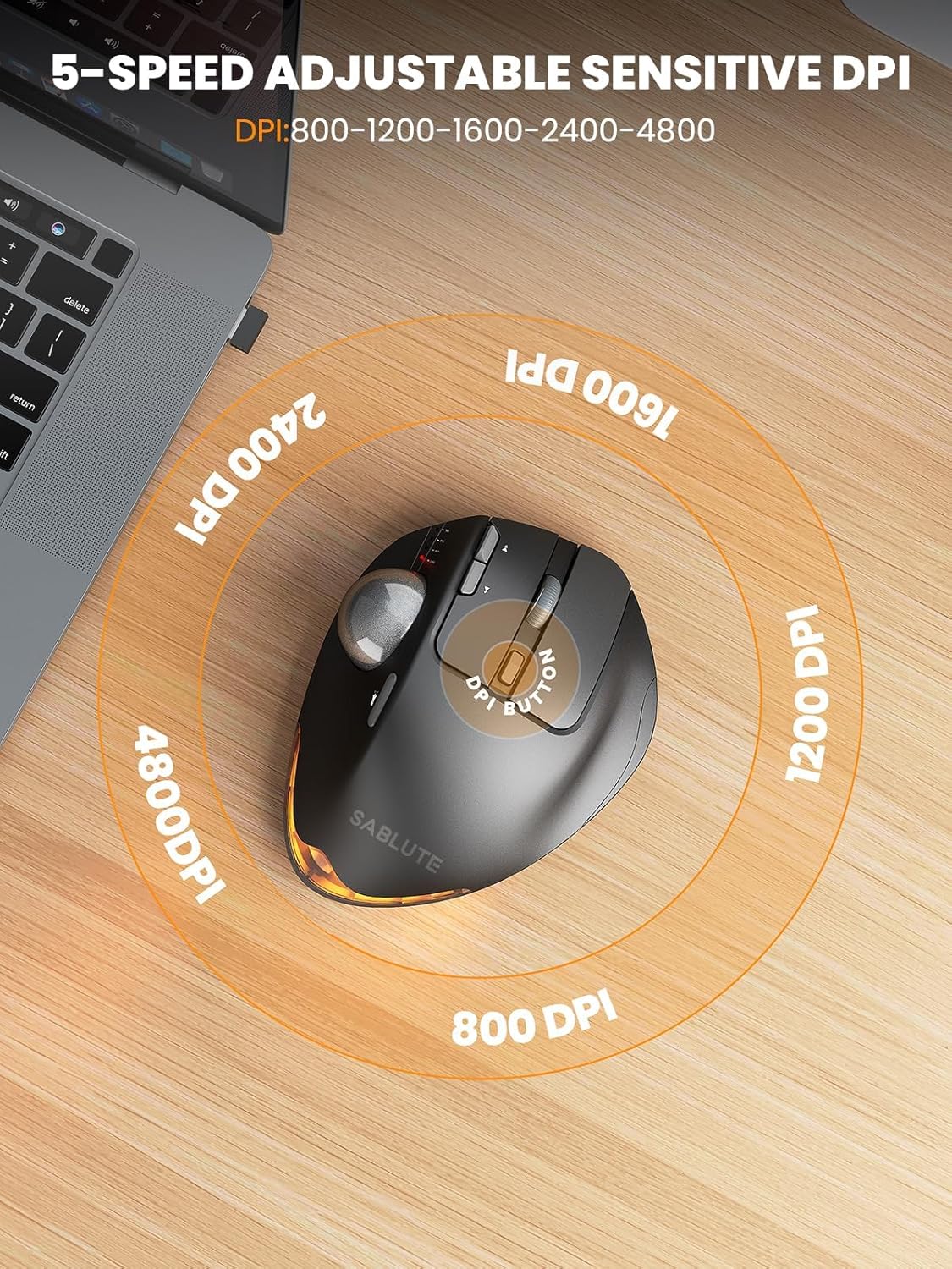 SABLUTE MAM1 Pro Ergonomic Wireless Trackball Mouse, Adjustable 0°/18° Angle, Thumb Control, Quiet Clicks, 3 Multi-Device Bluetooth & USB Receiver, Rechargeable Mouse for Office, Windows Mac - Image 5