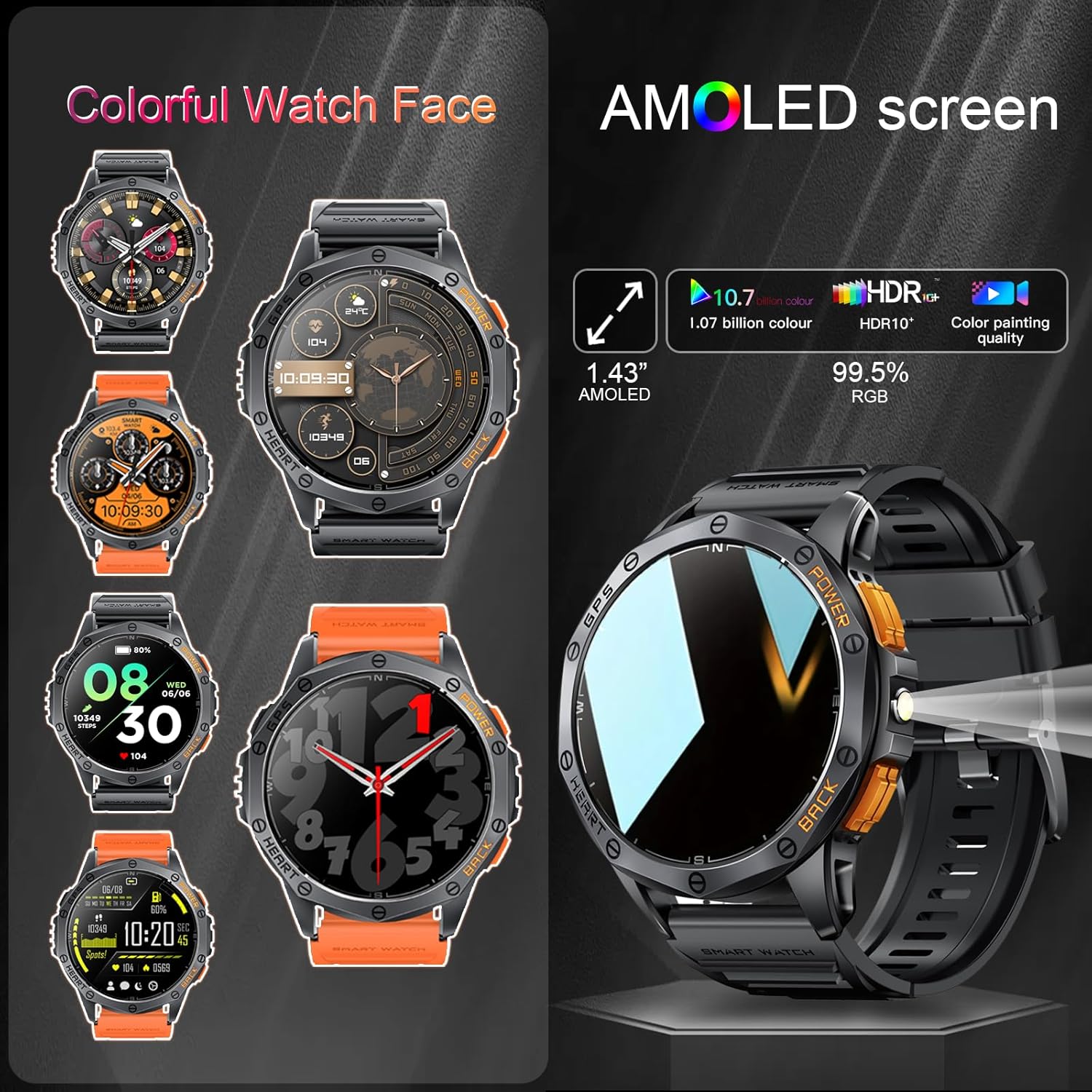 Military Smart Watches Built-in GPS, 170+ Sport Modes for Men with Flashlight, Smartwatch for Android Phones and iPhone, 1.43" AMOLED Screen Bluetooth Call Compass Altimeter (Black & Orange (2 Bands)) - Image 4