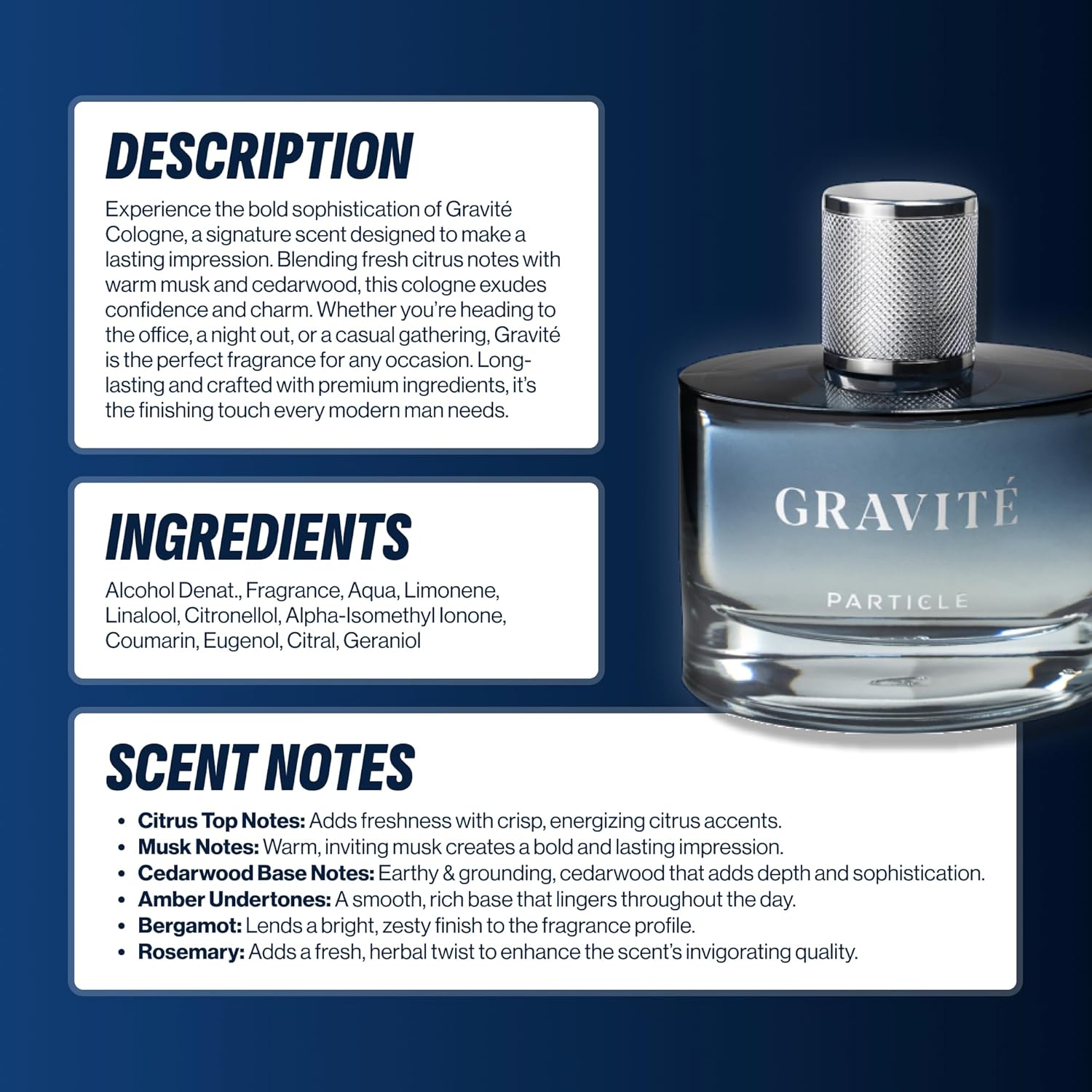 Particle Gravité Cologne Spray for Men, Long Lasting Fresh Scent, Men's Perfume Woody Citrus Fragrance, Notes of Pepper, Rosemary, Grapefruit, Cedar, Cashmere & Musk, 3.38 FL OZ Bottle - Image 6