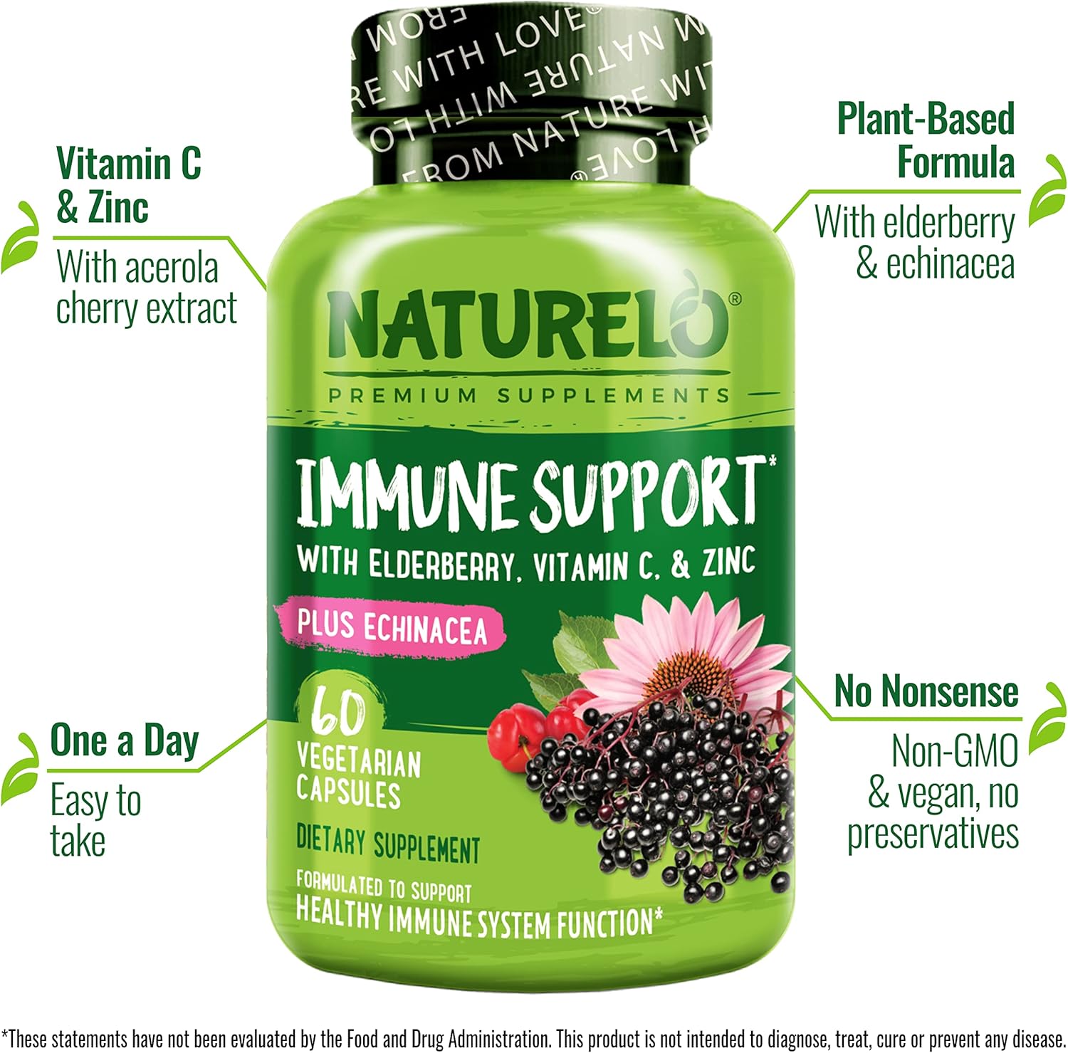NATURELO Immune Support – Vitamin C, Elderberry, Zinc, Echinacea – Natural Immunity Boost w/Antioxidant, Herbal & Mineral Defense - 60 Vegan Capsules - Image 2