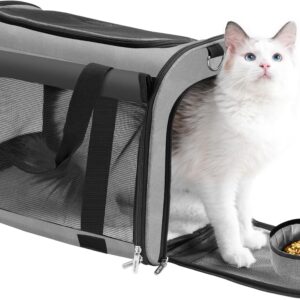 TWDEPART Cat Carrier Backpack – Multifunctional, Firm & Foldable with Roll-Up Shade, Breathable Design Includes Collapsible Bowl & Cushion (Grey)