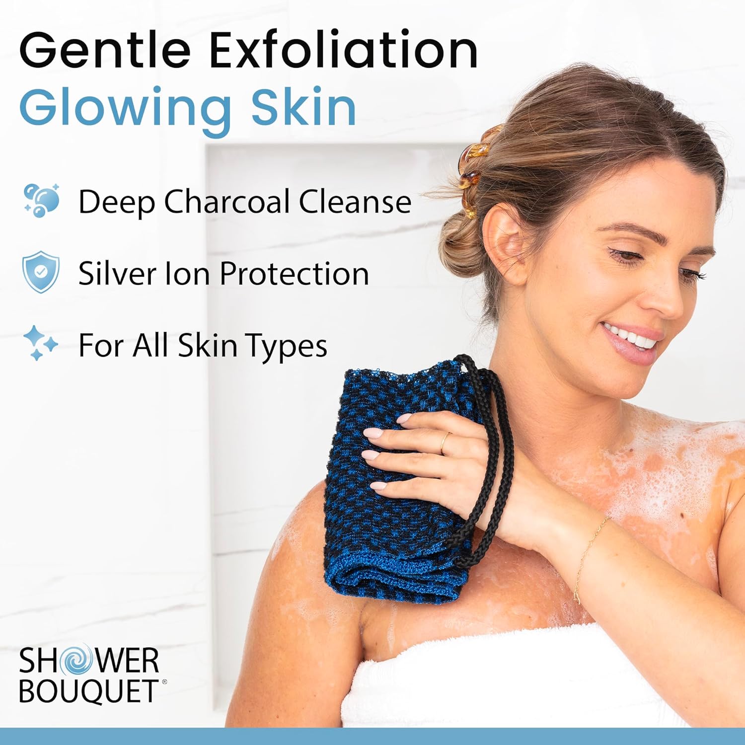 Japanese Exfoliating Washcloth for Back & Body - Charcoal & Silver Ion Exfoliating Towel with Handles - Two-Sided Gentle Exfoliation & Deep Cleansing Soft Body Wash Cloths for Shower - Blue - Image 2