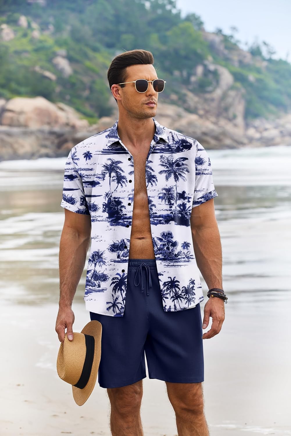 COOFANDY Men's Summer Beach Outfits 2 Piece Short Sleeve Shirts and Shorts Vacation Texture Linen Sets for Men - Image 2