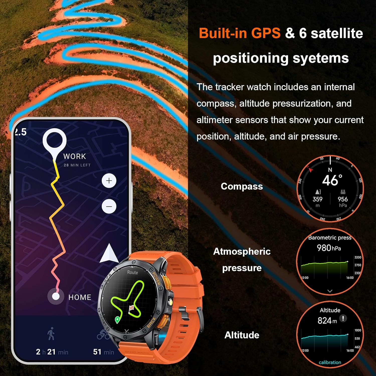Military Smart Watches Built-in GPS, 170+ Sport Modes for Men with Flashlight, Smartwatch for Android Phones and iPhone, 1.43" AMOLED Screen Bluetooth Call Compass Altimeter (Black & Orange (2 Bands)) - Image 2