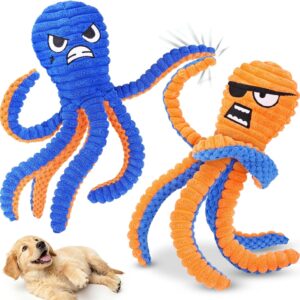 Zeaxuie Interactive Dog Toys for Chewers, 2 Pack No Stuffing Dog Toys for Teething, Squeaky Chew Toy to Keep Them Busy for Small and Medium Breed, Crinkle Octopus