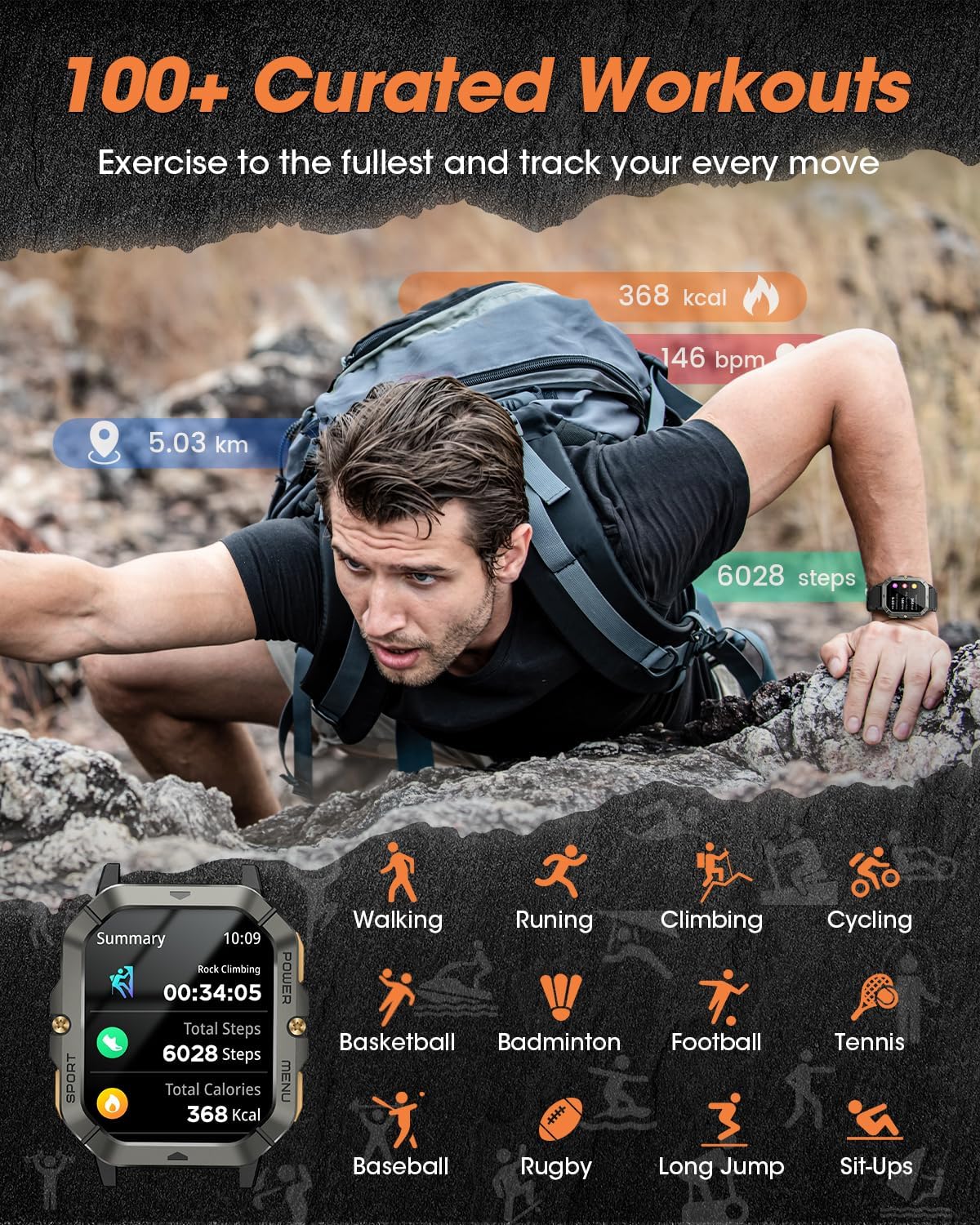 Military Smart Watches for Men (Answer/Make Calls), 2.02'' Fitness Smart Watch for Android and iPhone, Waterproof Fitness Tracker with Blood Pressure/Heart Rate/Sleep/100+ Sport Modes, Watches for Men - Image 3