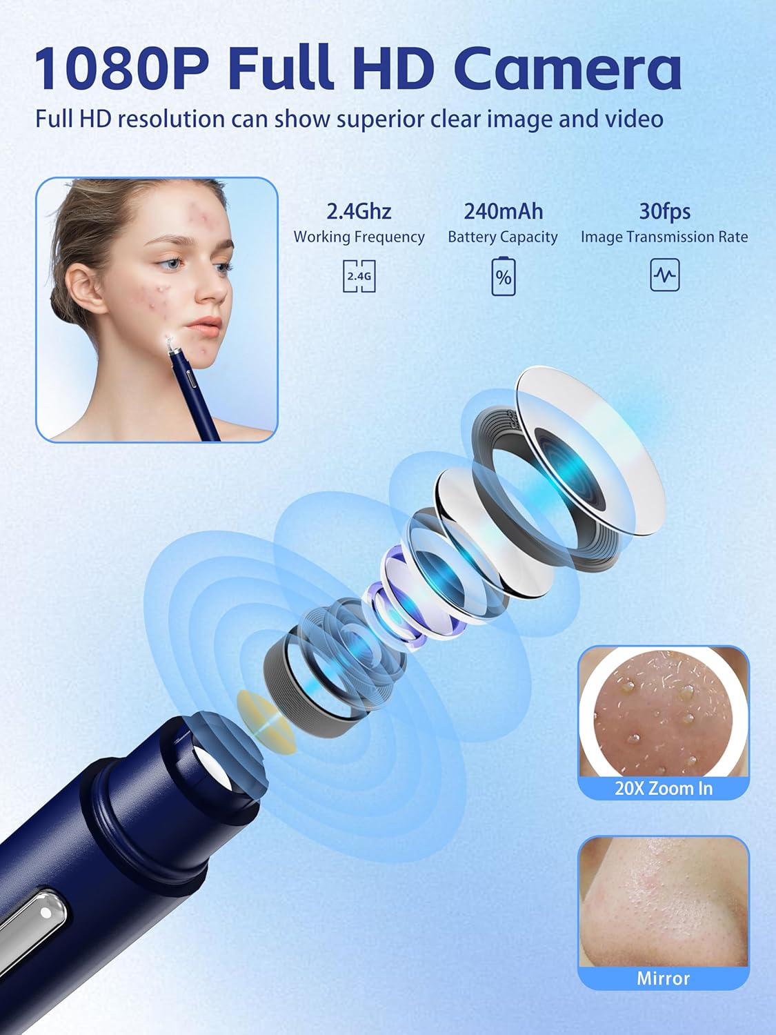 Visual Blackhead Remover Tools with Camera,Pimple Popper Extractor Tool Kit with Camera 20X 1080P Pore Cleaner Acne Comedone Whitehead Extractor Kit for iPhone/Android (Blue) - Image 2