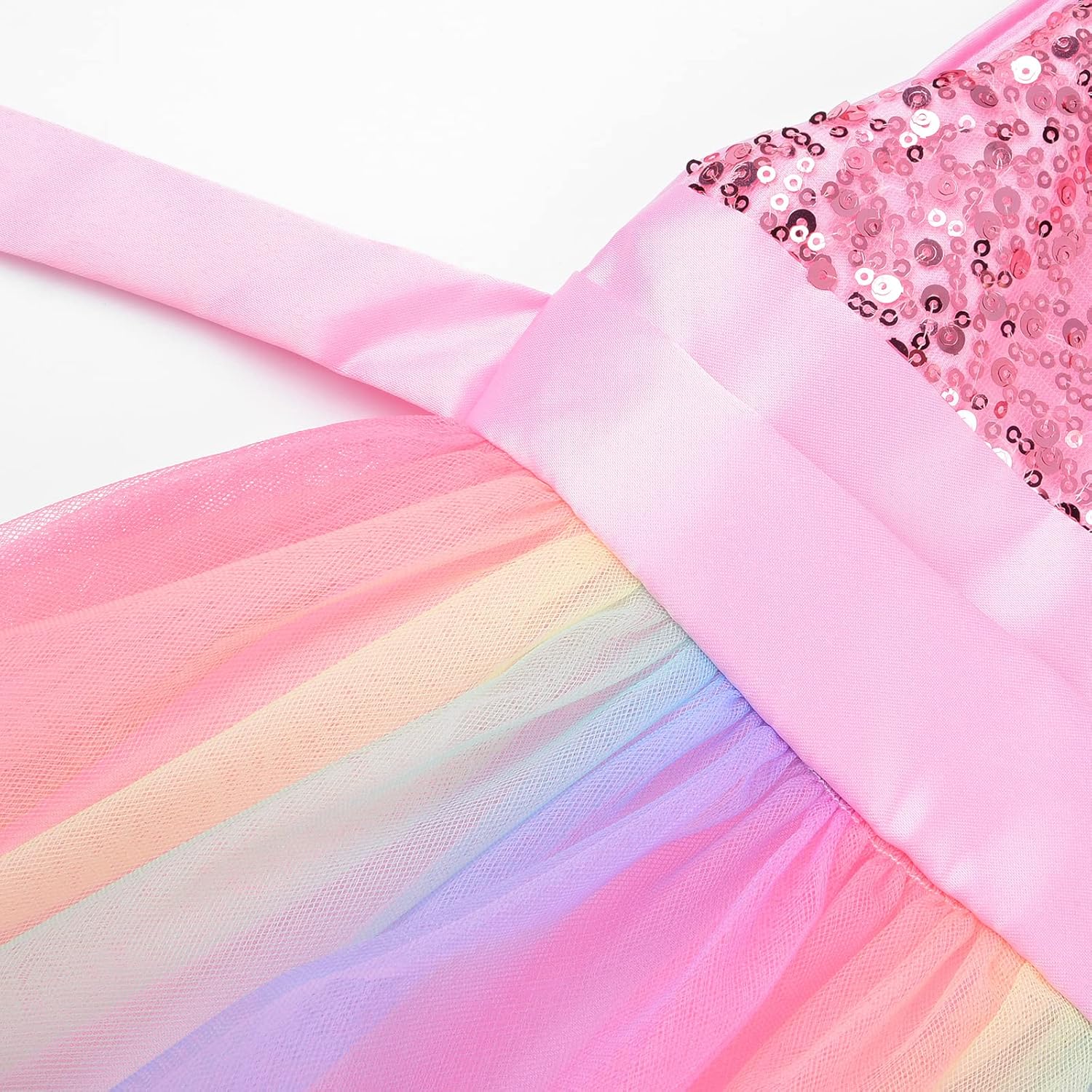 Uhnice Little Girl's Sequin Sleeveless Mesh Rainbow Dress for Wedding Party - Image 5