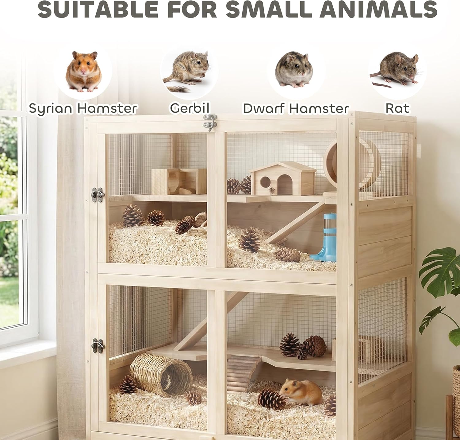 PawHut Wooden Hamster Cage, 4 Tier Small Animal Cage with Mesh Flip Roof, Pull-Out Tray, Huts, Seesaws, Ramps and Water Bottles, Hamster Habitat for Dwarf Syrian Mice Gerbil, 33" x 21" x 36" - Image 9