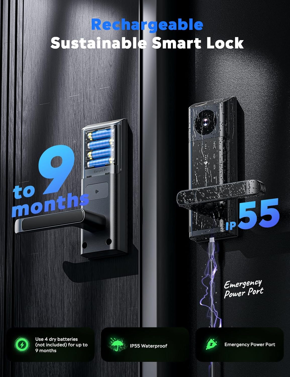 Smart Lock with Camera & Doorbell, 3-in-1 Keyless Entry Door Lock with Handle, Built-in WiFi Camera Smart Lock for Front Door, Fingerprint, Keypad Code, App Control, Auto Lock - Image 6