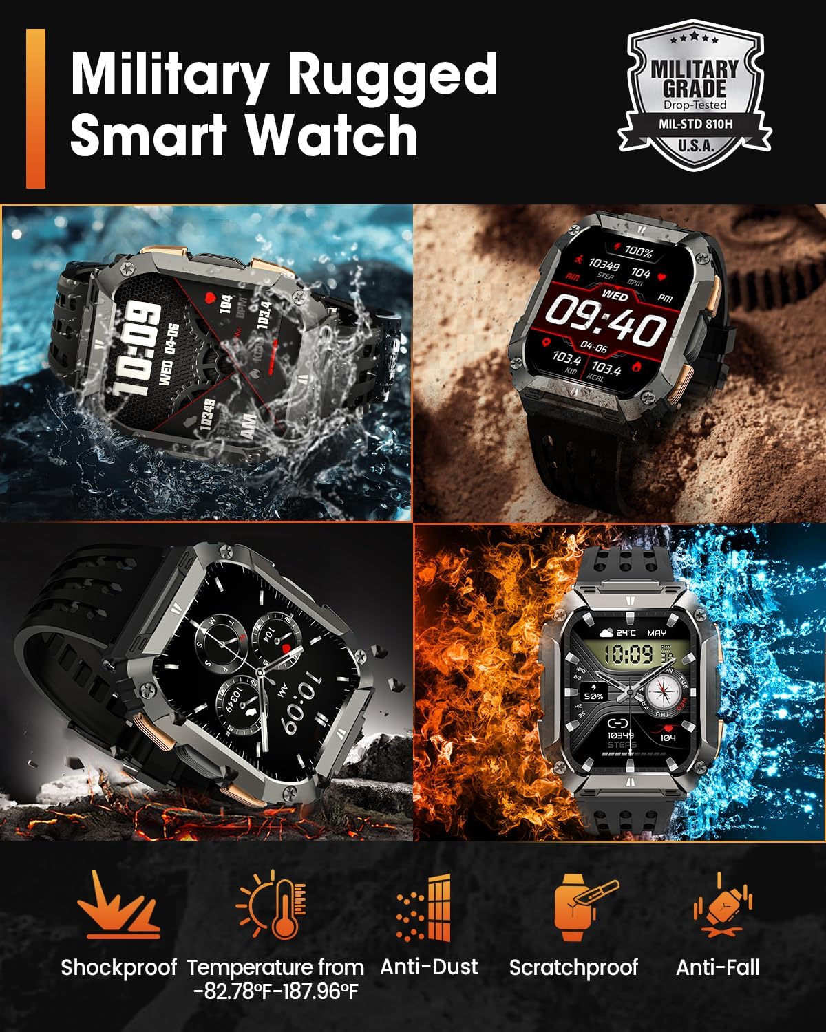 Smart Watches for Men Fitness Watch: 100 Days Battery Life/Call/Answer 1.95'' Mens Military Smart Watch for Android & iPhone, Fitness Tracker with Flashlight/Heart Rate Sleep Monitor/100+ Sport Modes - Image 4