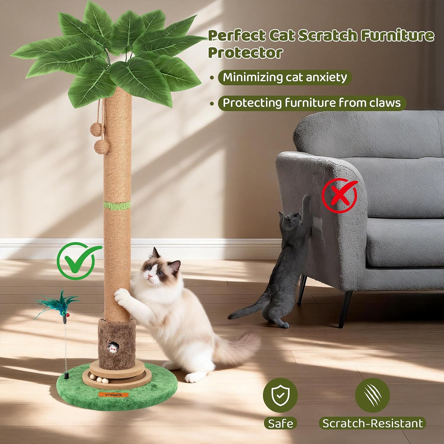 Cat Scratching Post, Famifit 39" Nature Sisal Cat Scratch Post for Indoor Cats, Large Cat Scratcher with Cat Toy Mouse Hole & Interactive Wooden Ball for Kittens Adults Cats - Image 5
