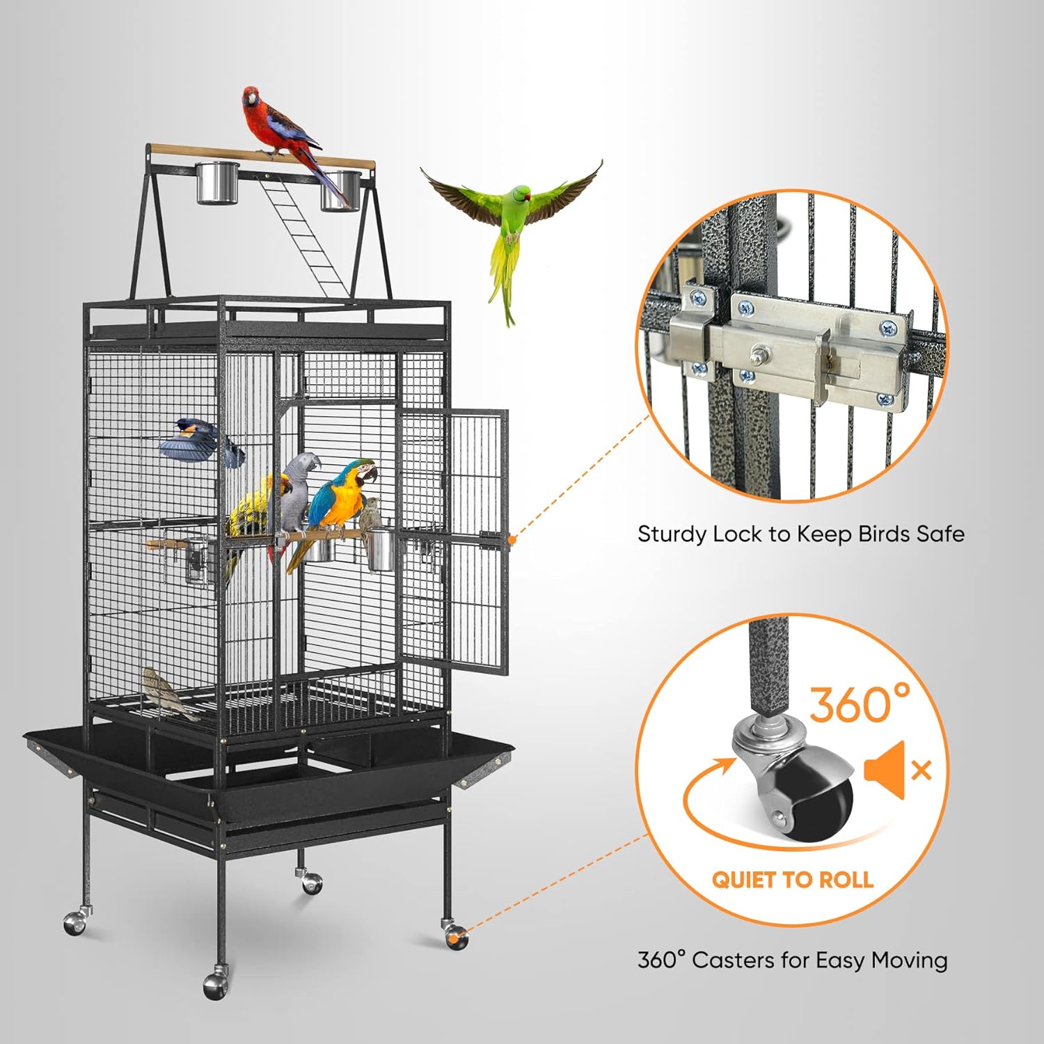 SUPER DEAL 68-inch Large Bird Cage with Rolling Stand African Grey Parrot Chinchilla Finch Cage Conure Cockatiel Cockatoo Pet House Wrought Iron Birdcage, Black - Image 2