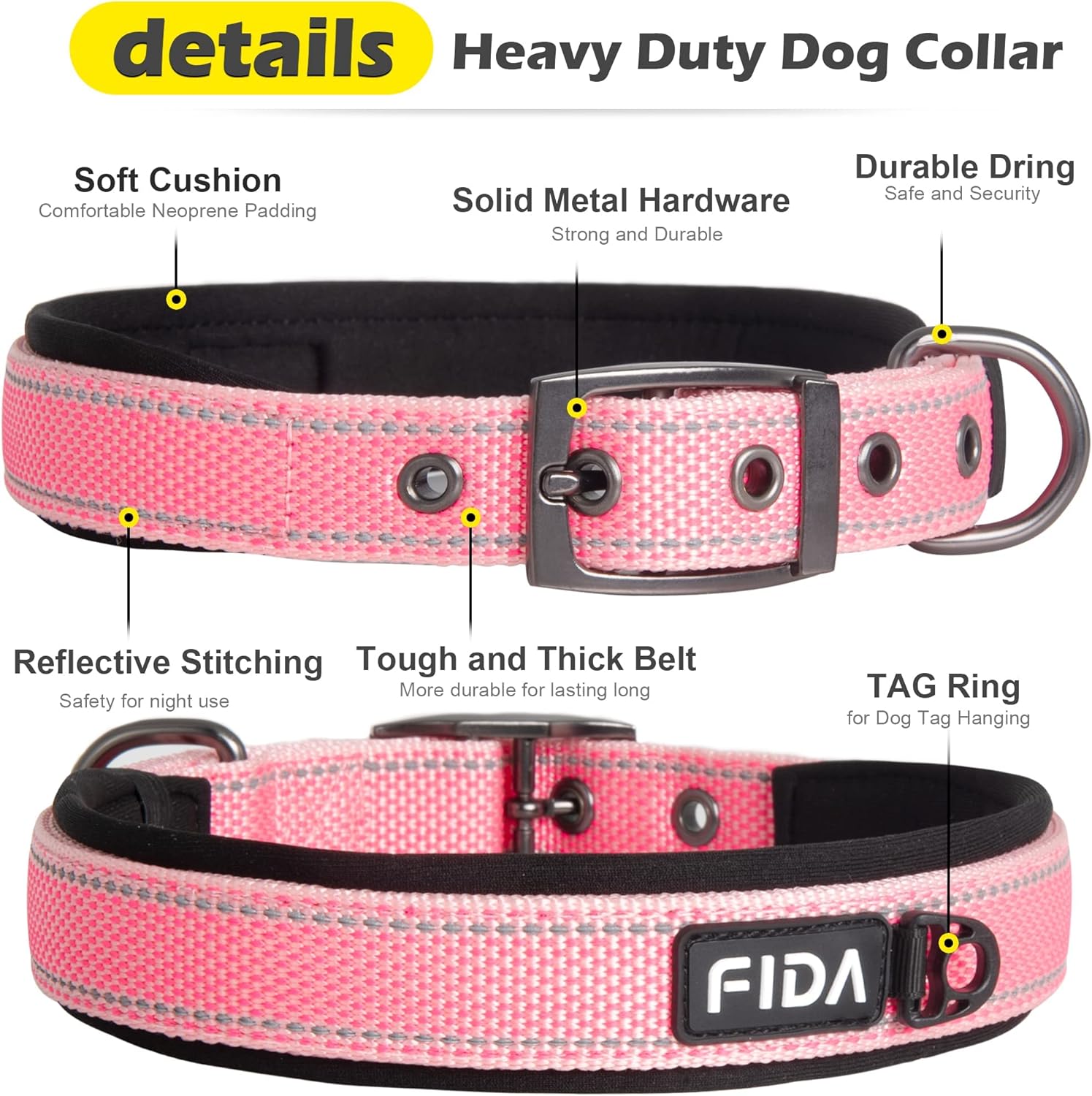 Fida Heavy Duty Dog Collar, Ultra Comfortable Soft Neoprene Padded, Adjustable Reflective Nylon Pet Collar with Durable Metal Belt Buckle for Medium Breeds (M, Pink) - Image 3