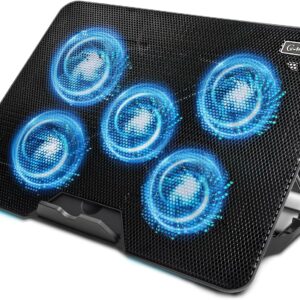 Laptop Cooling pad, ‌Coolertek Laptop Cooler with 5 Silent Fans, Adjustable Height Stand for 12-17 Inch Laptops, Ergonomic Cooling Stand with Dual USB Ports, Portable Cooling Accessories – Black