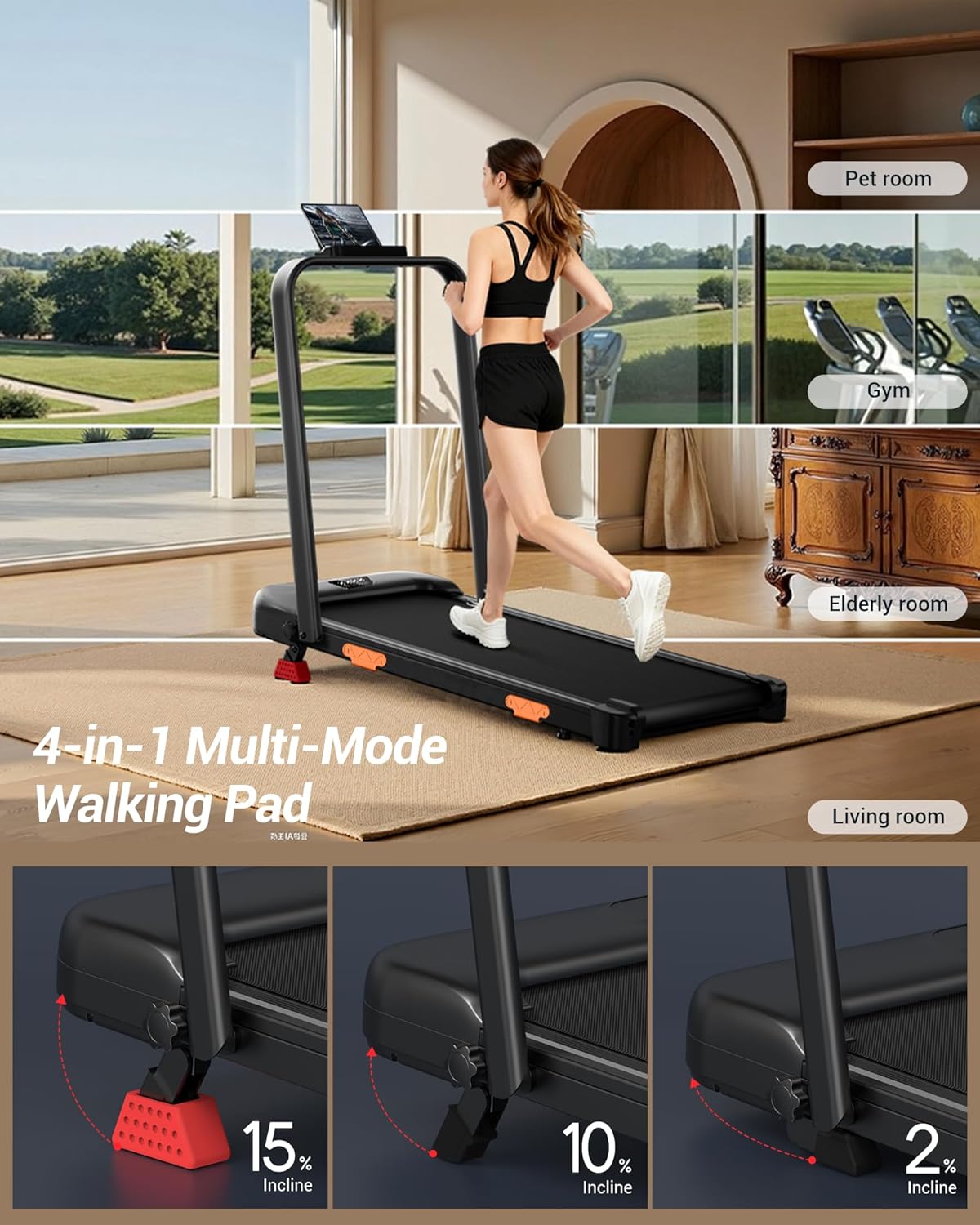 3-in-1 Foldable Treadmill with 300 LBS Capacity, 15% Walking Pad Treadmills for Home and Office, 2.5 HP Under Desk Treadmill with Quiet Brushless - Image 2