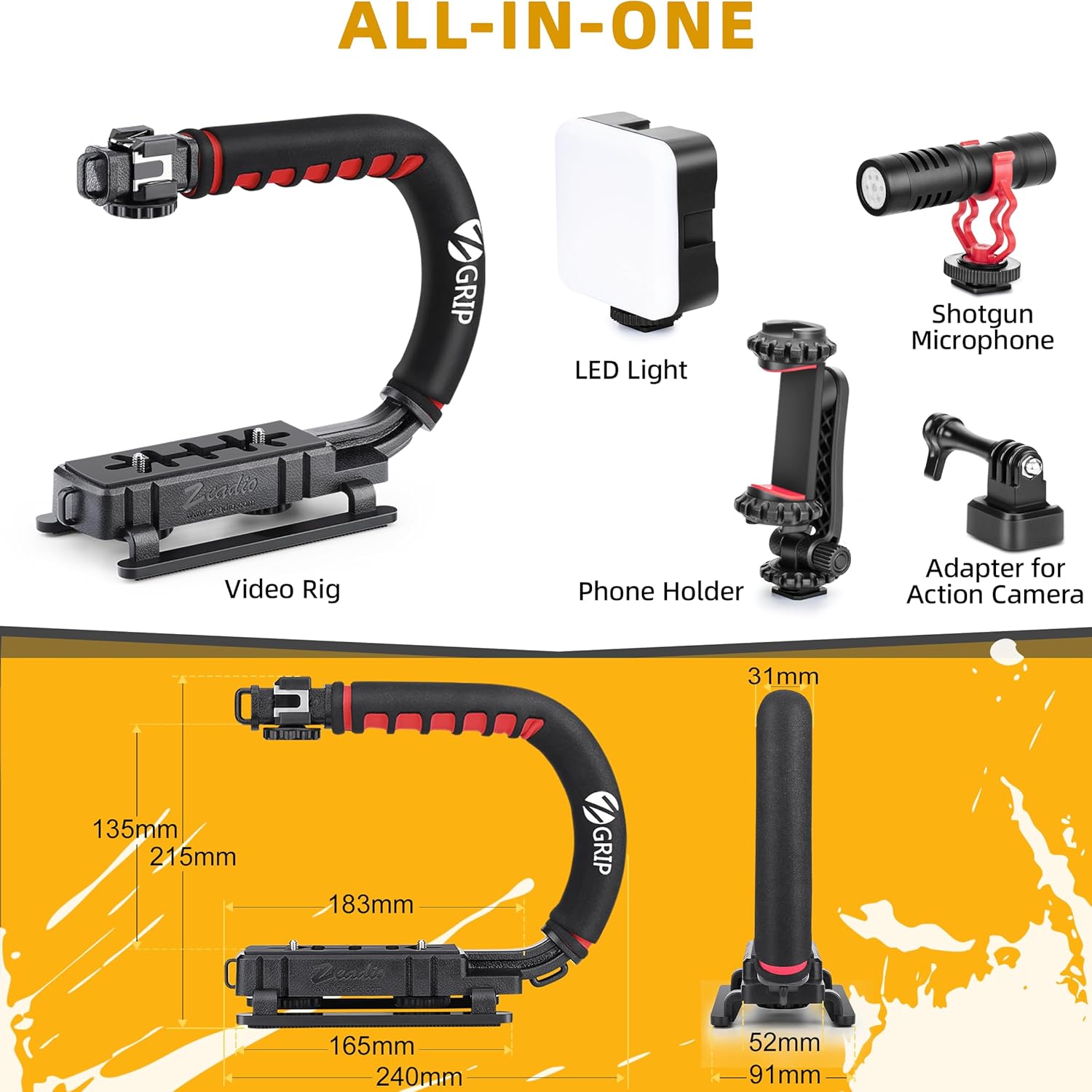 Zeadio Camera Stabilizer Kit, All-in-One Handheld Stabilizer with LED Video Light, Microphone, Phone Holder & Action Camera adaper, Fits for All Camera, DSLR, Action Camera and All Smartphones - Image 2