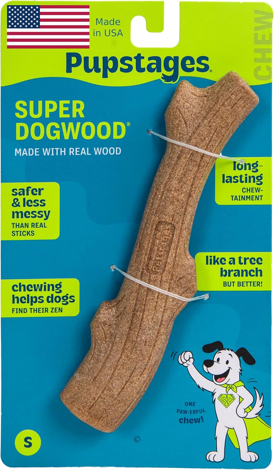 Pupstages Super Dogwood Dog Chew Toy, Made in the USA – Real-Wood Blend, Natural Wood Flavor & Texture, Moderate Chewers, Small, 7.5"