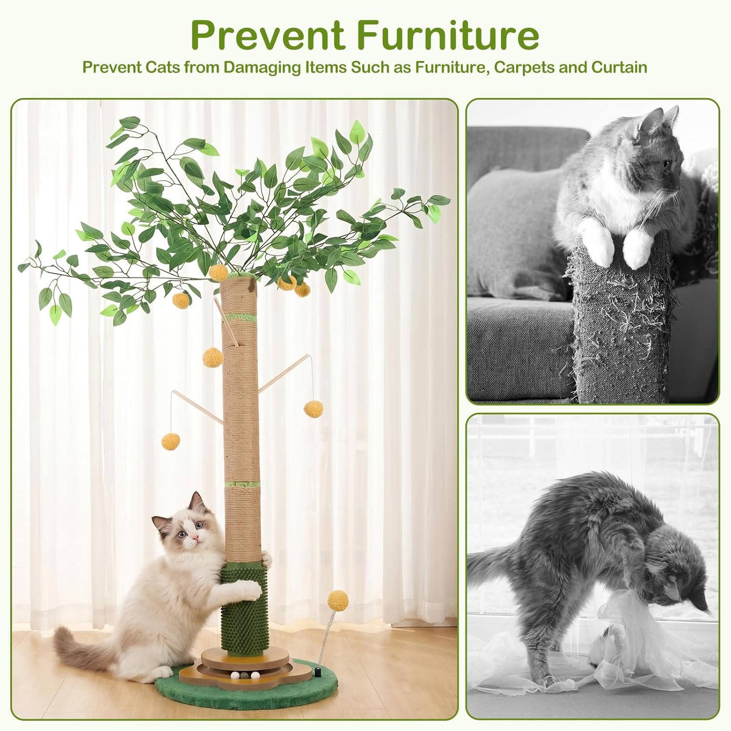 Tall Cat Scratching Post 51 Inch, Cat Scratching Post for Indoor Cats Adults, Sisal Cat Scratcher with Heavy Duty Stable Base & Hanging Toys & Self Grooming Brush for Kittens Medium Large Cats - Image 8