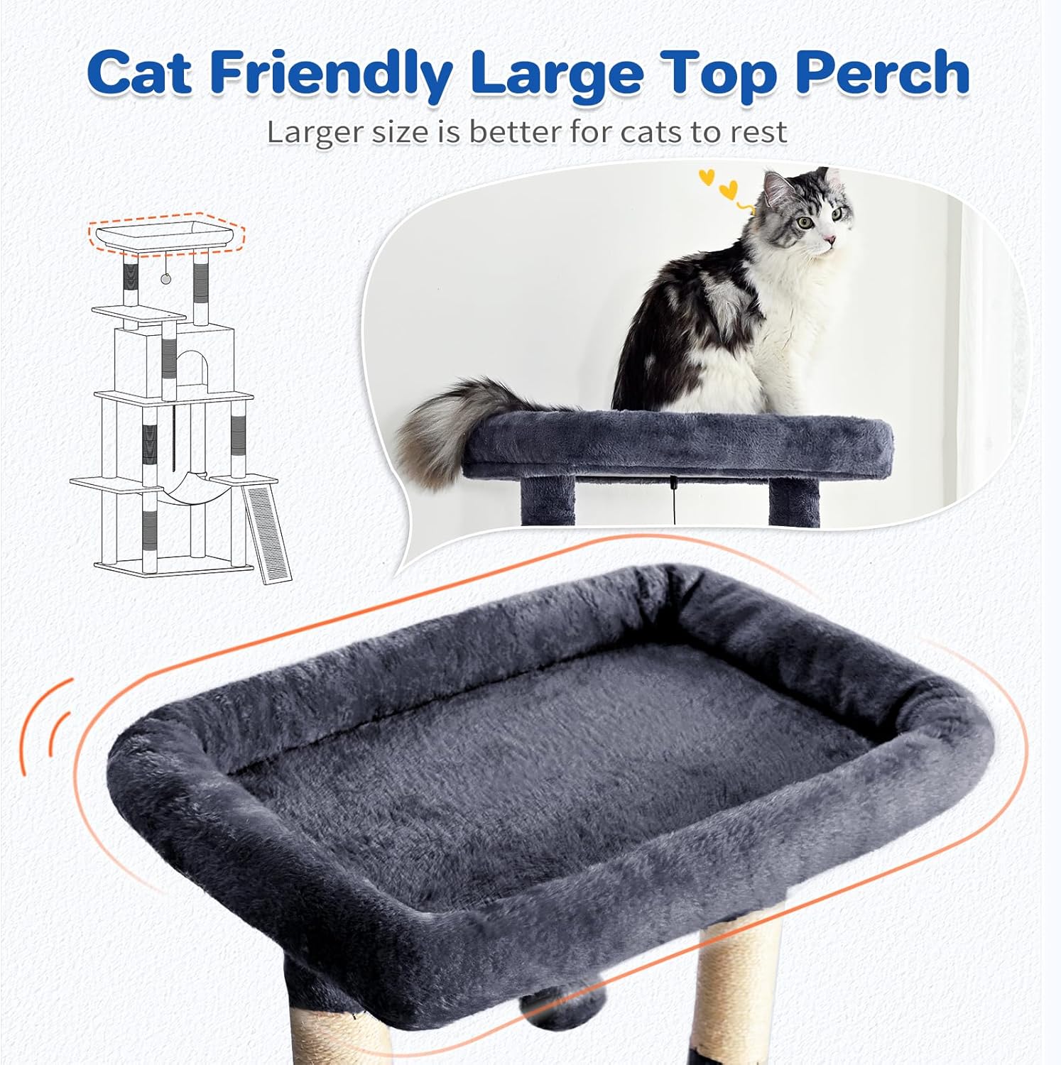 ABCPET Cat Tree Tower 63in Multi-Level Cat Tower for Indoor Cats with Sisal Scratching Posts, Condo, Hammock, Dangling Ball and Extended Platform for Cats to Play, Dark Grey - Image 3