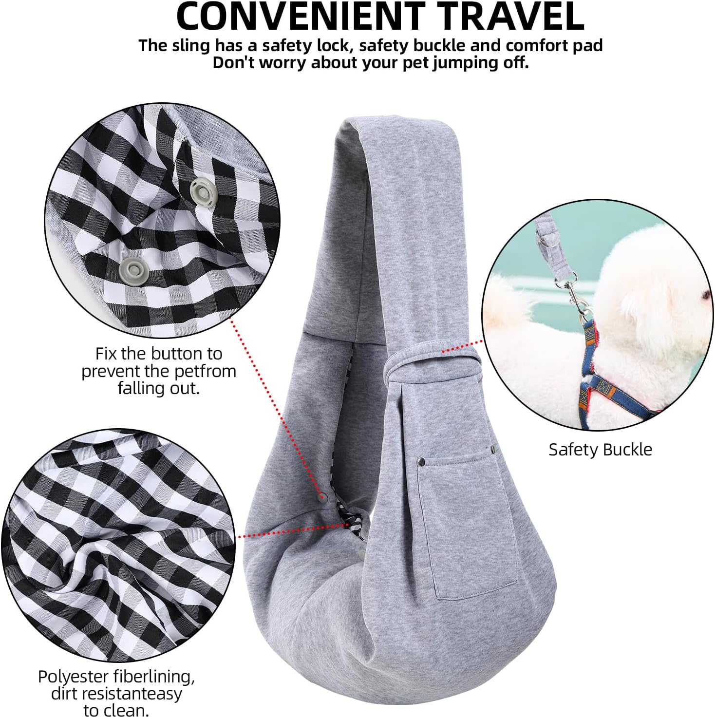 Dog Carrier Sling - Reversible Puppy Carrier Purse with Storage Pocket, Hand-Free Dog Sling Carrier for Carry Small Dogs and Cats, Travel Safety Harness, Dog and Cat Harness (Gray) - Image 4