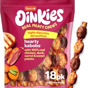 Hartz Oinkies Hearty Kabobs Rawhide‑Free Dog Treats, High‑Protein, Long‑Lasting Highly Digestible Chews Made with Real Chicken, Duck, Sweet Potato & Carrot, 18 Count