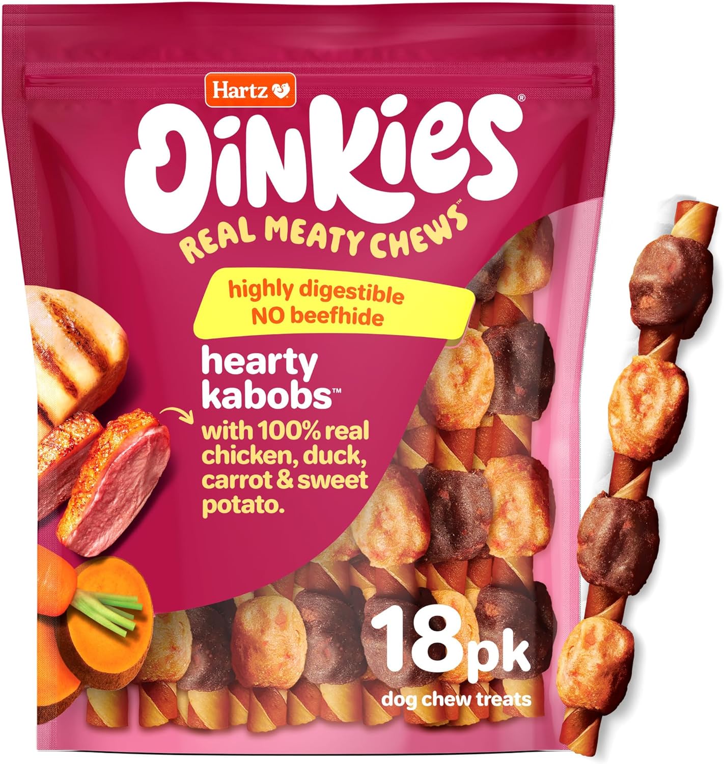 Hartz Oinkies Hearty Kabobs Rawhide‑Free Dog Treats, High‑Protein, Long‑Lasting Highly Digestible Chews Made with Real Chicken, Duck, Sweet Potato & Carrot, 18 Count