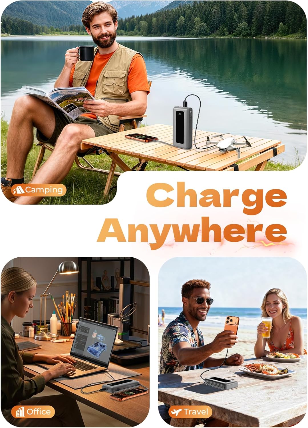 Portable Charger Power Bank, 50000mAh Travel Camping Essential Battery Pack with Built-in Cables, PD 22.5W Fast Charging, Large Capacity Portable Phone Charger for iPhone, Light Grey - Image 6