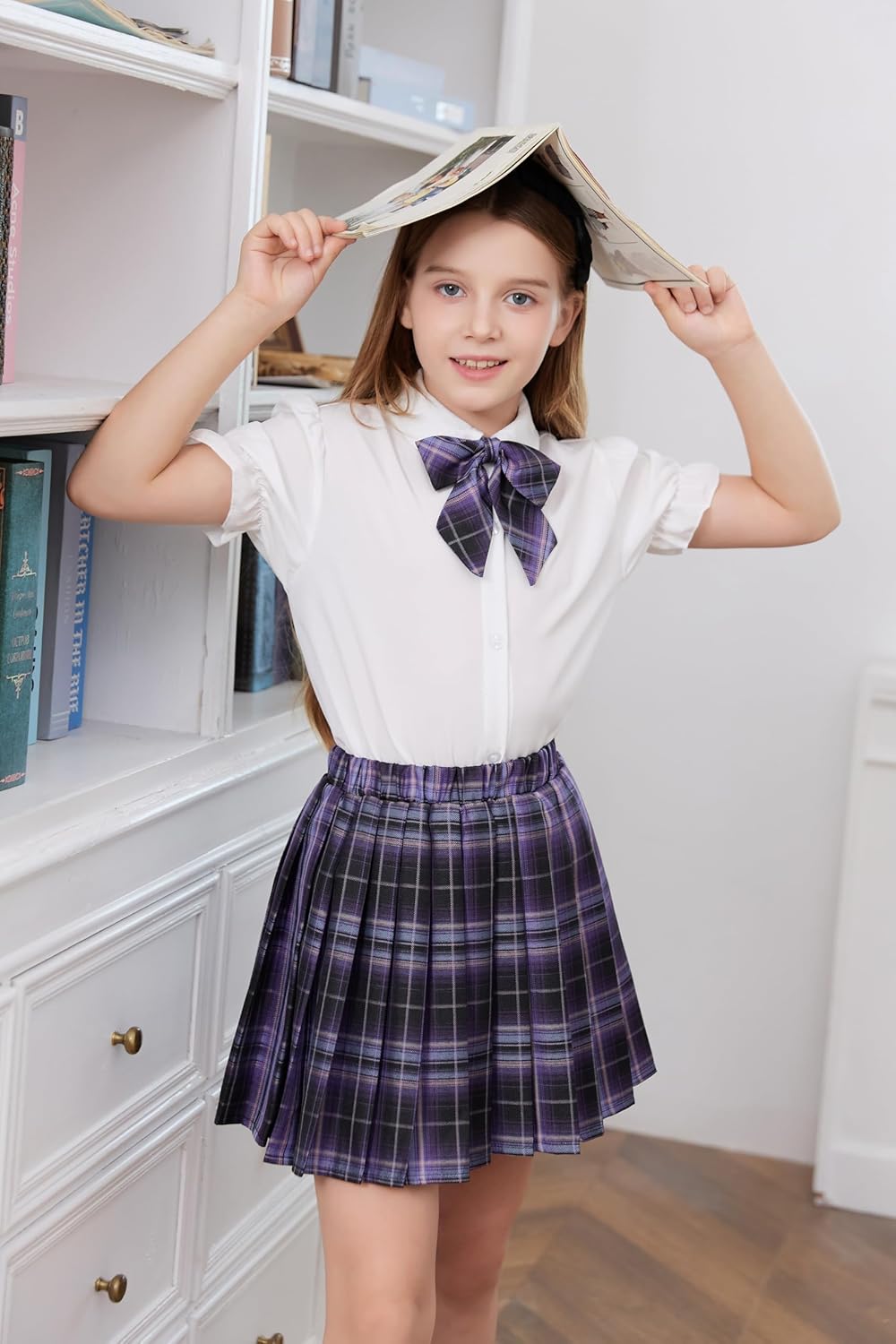Betusline Girls Skirt Set JK School Uniform 2-Piece Outfit - Short Sleeve Shirt with Bow & Pleated Skirt 4T-14Y - Image 2