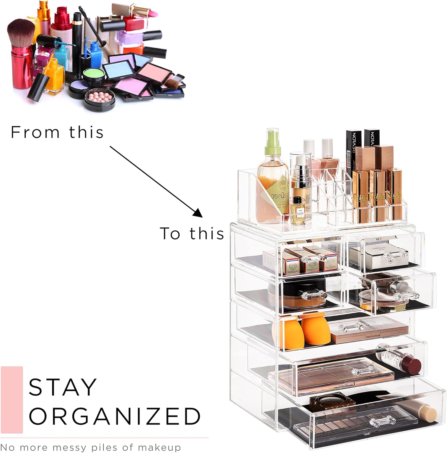 Sorbus Acrylic Makeup Organizer Set, 7-Drawer Vanity & Countertop Cosmetic Storage with Small & Wide Compartments, CLear Makeup Storage for Brushes, Jewelry – Holiday Gift for Women & Teens - Image 8