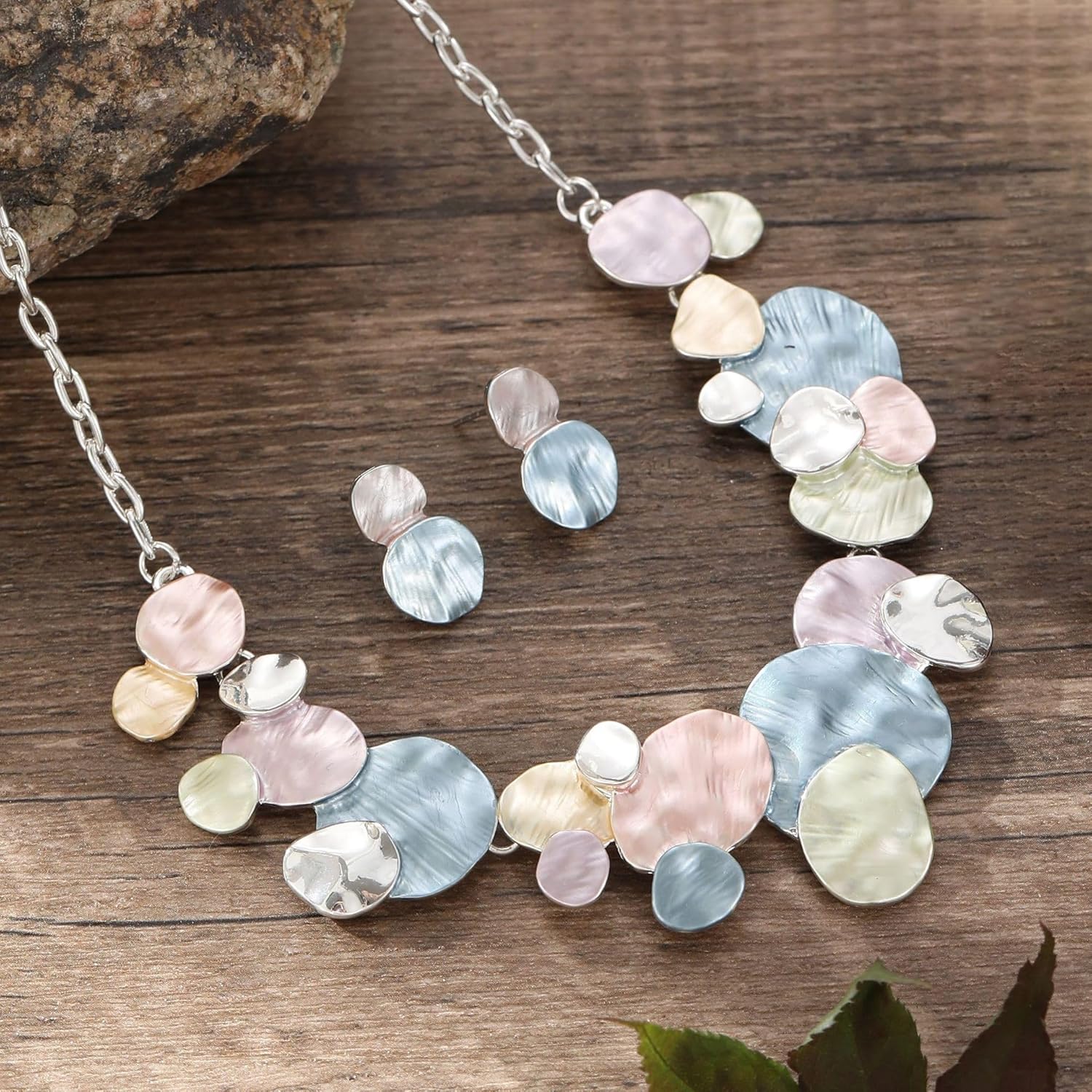 Pastel Round Coin Jewelry Set for Women Minimalist Disc Geometric Chain Link Adjustable Bib Collar Statement Necklace with Dangle Drop Stud Earrings Fashion Trendy Jewellery Pack - Image 3