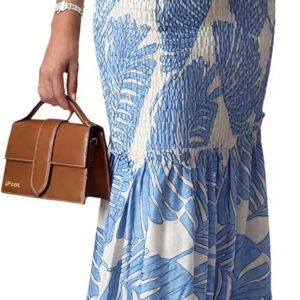 CHICME Floral Printed Prom Dress Tie Ruched Shirred Bandeau Party Dress Slim Fit Ruffle Hem Vacation Dresses