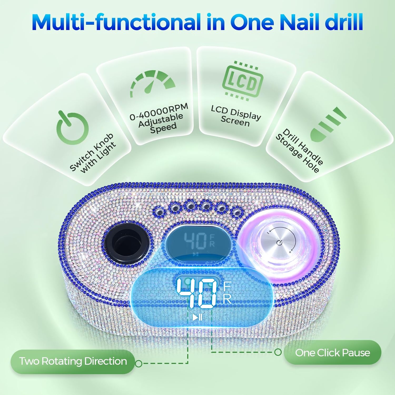 Nail Drill Electric File: DEDNMSCA Sparkly Professional Nail Drill Kit, 40000RPM E-File Machine with 12 Drill Bits for Acrylic Nails Remove Nail Gel Polish Manicure for Salon Home, Diamond - Image 4