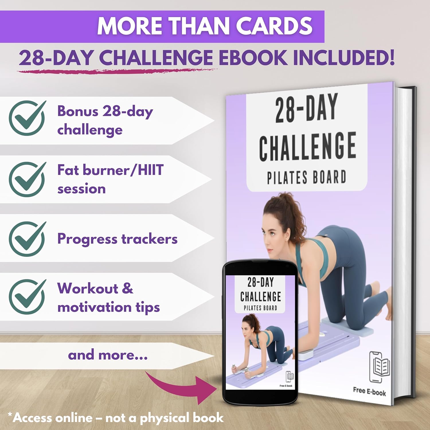 Pilates Board Workout Cards – 67 Exercise Cards with Videos & Workout Plan - Includes 5-Week Challenge, Ebook, Progress Chart & 2 Rings for Easy Organization - Home Portable Reformer Guide for Women - Image 8