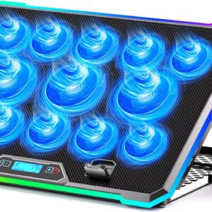 Gaming Laptop Cooler with 13 Ultra Quiet Fans, LCD Screen and Multi Color RGB - 10 Lighting Modes, 9 Adjustable Heights, Dual USB Ports, Built in Phone Holder for 15 to 21 Inch Laptops on Desk or Lap