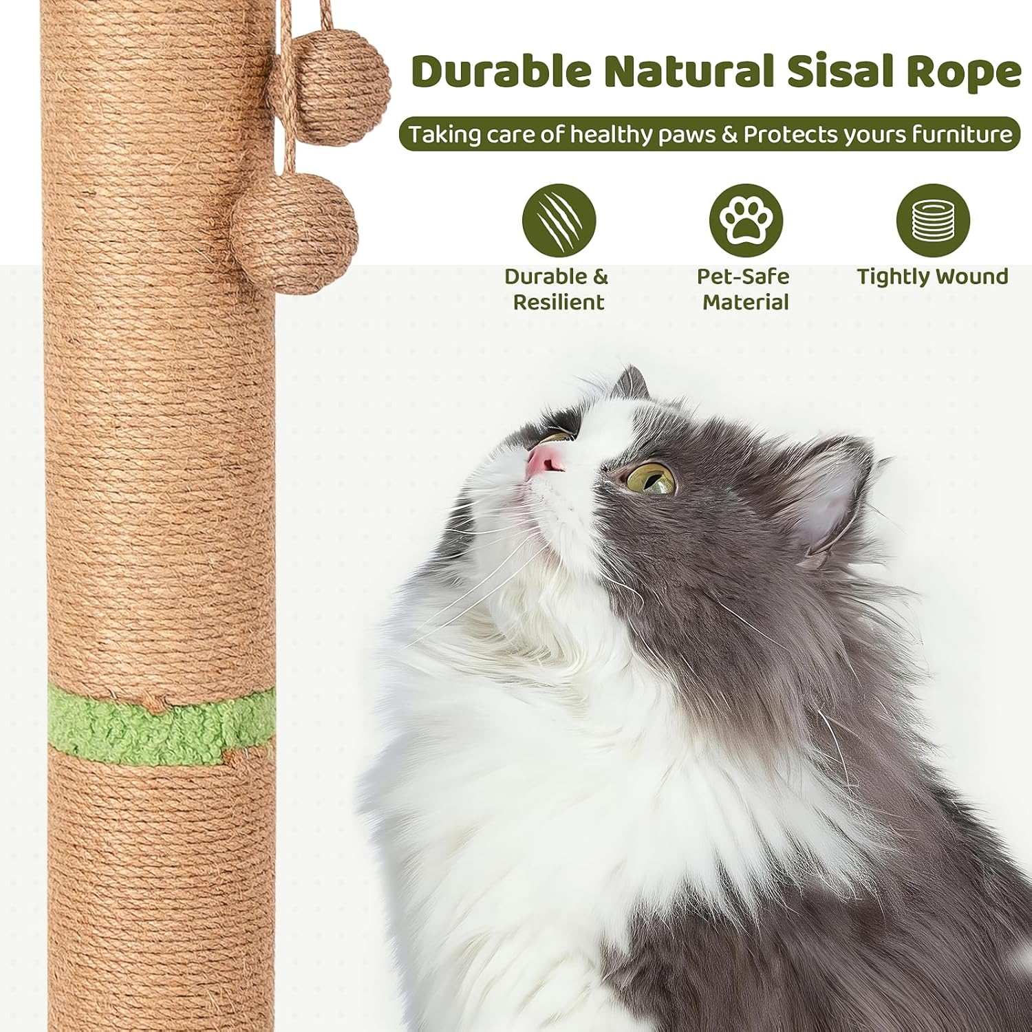 Cat Scratching Post, Famifit 39" Nature Sisal Cat Scratch Post for Indoor Cats, Large Cat Scratcher with Cat Toy Mouse Hole & Interactive Wooden Ball for Kittens Adults Cats - Image 4
