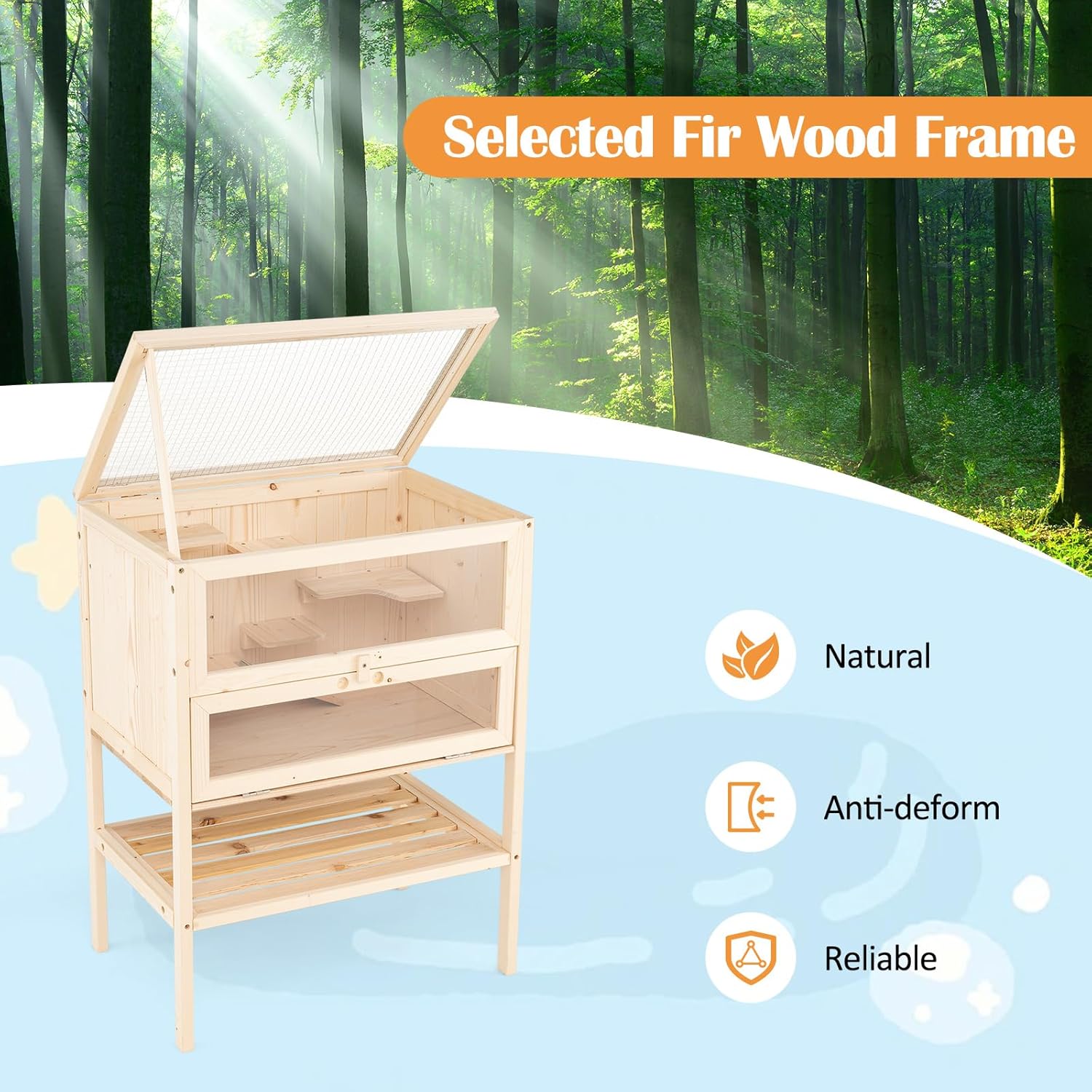 PETSITE 31.5 Inches Freestanding Wooden Hamster Cage, Chew-Proof 2-Layer Hamster House with Full Transparent Viewing, Flip-Top Roof, and Storage Shelf, Ideal for Dwarf Hamster and Gerbils - Image 8
