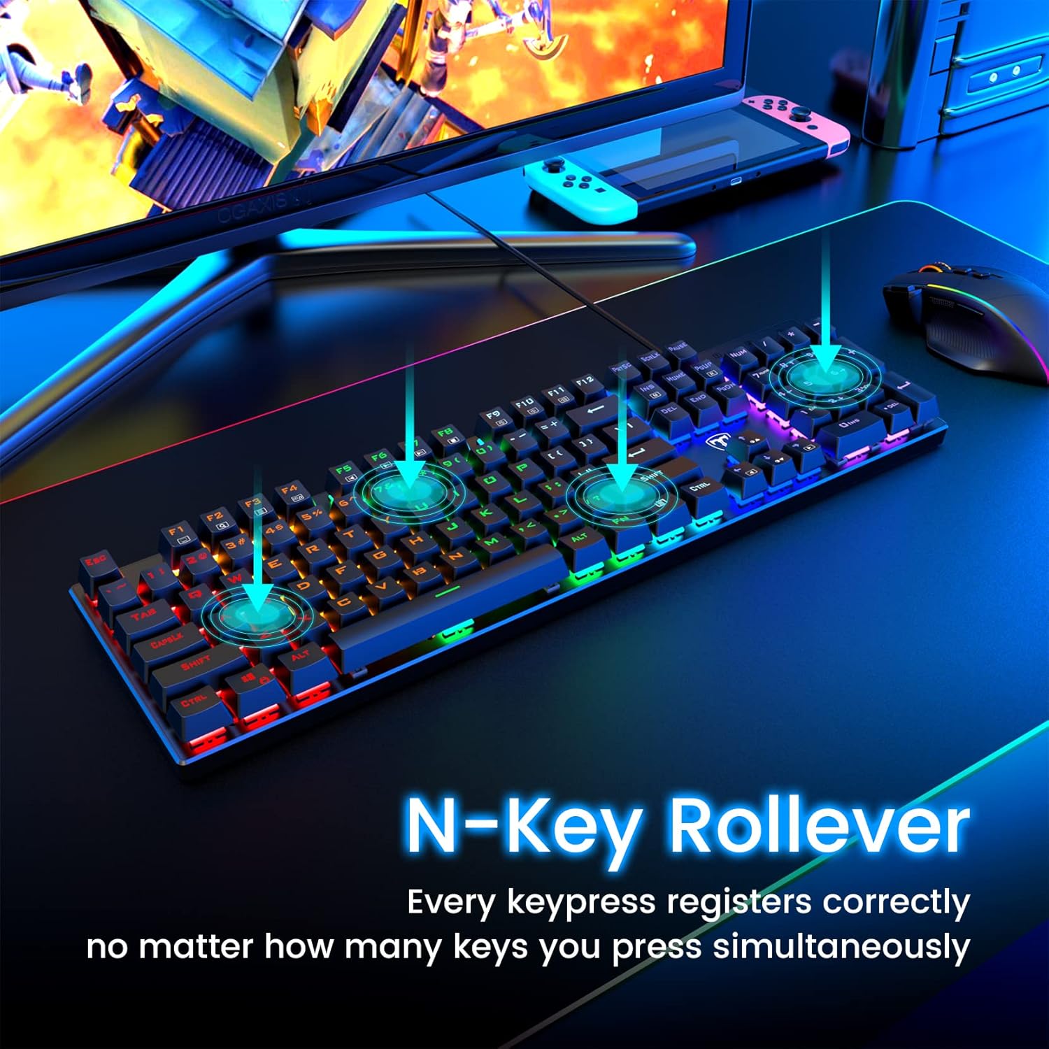 RisoPhy Mechanical Gaming Keyboard, RGB 104 Keys Ultra-Slim LED Backlit USB Wired Keyboard with Blue Switch, Durable Abs Keycaps/Anti-Ghosting/Spill-Resistant Computer Keyboard for PC Mac Xbox Gamer - Image 9