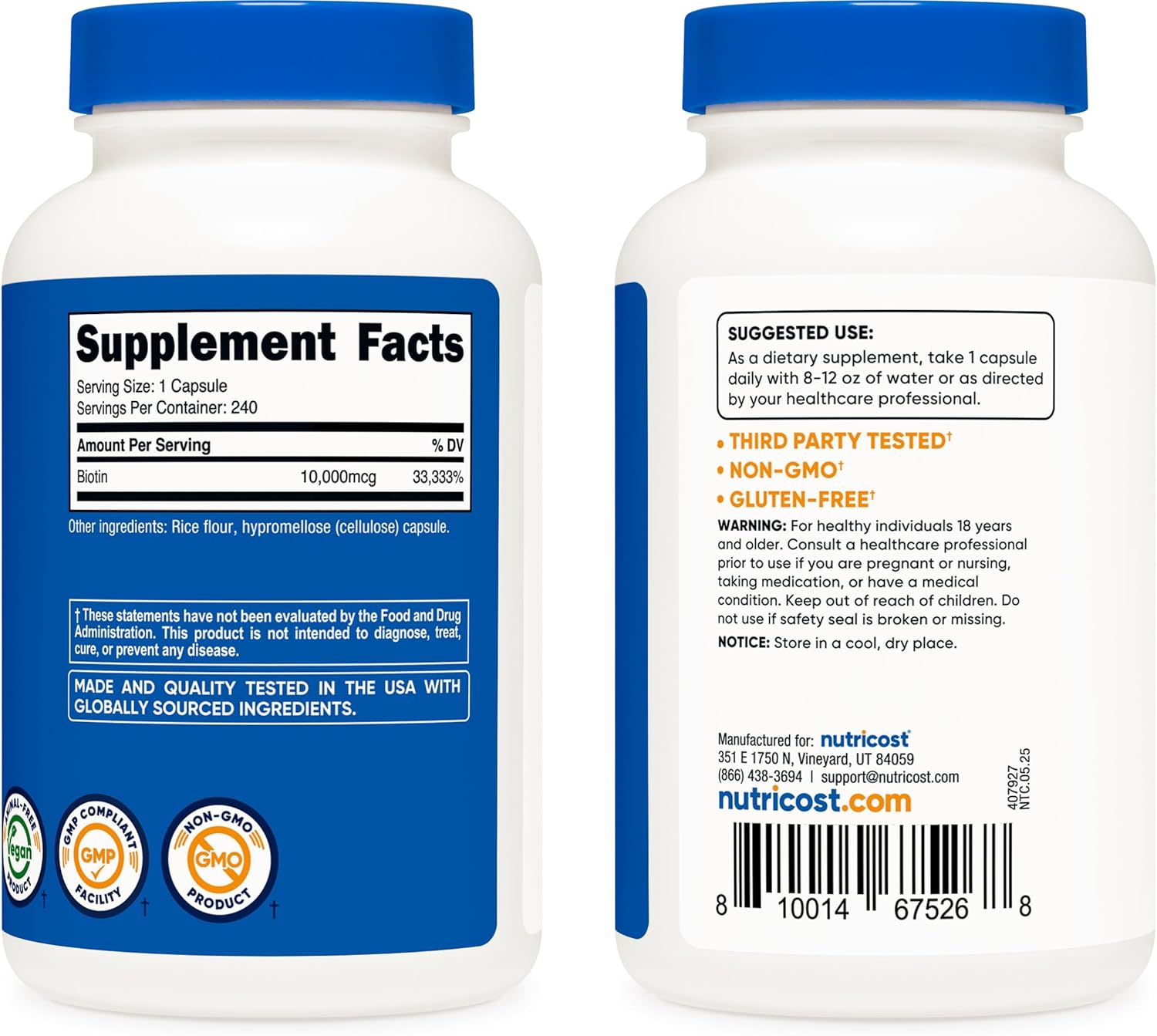 Nutricost Biotin (Vitamin B7) 10,000mcg (10mg) Vitamin Supplement, 240 Capsules - Vegetarian, Gluten Free, Quick Release, Non-GMO - Image 4