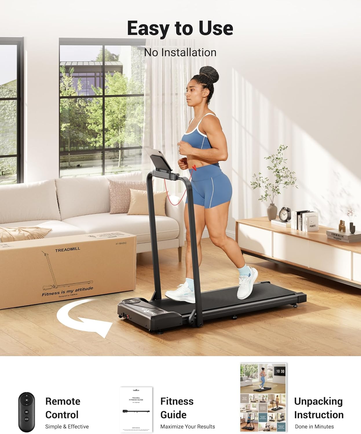 THERUN Walking Pad, 2 in 1 Foldable Treadmills for Home, 2.5HP Under Desk with Handle Bar, 16" Widened Running Belt, Treadmill with Remote Control & LED Touch Screen - Image 5